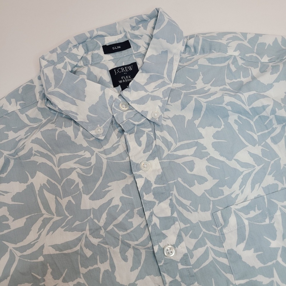 J.Crew Flex Washed Shirt Mens M Light Blue Leaf Print Slim Fit BP975 Excellent
